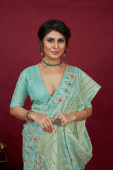 Shop Elegant Aqua Blue Cotton Silk Chickankari Embroidery Cut Work Saree